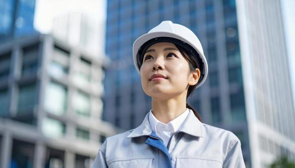 ビル背景に上を見つめる若い女性建設作業員 ビル背景に上を見つめる若い女性建設作業員の写真