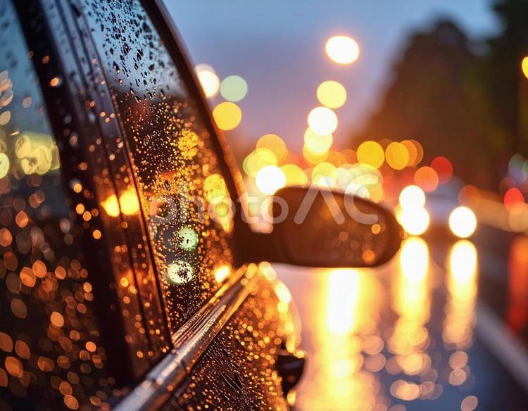 雨に濡れる車と街の光 雨,雨降り,車の写真素材