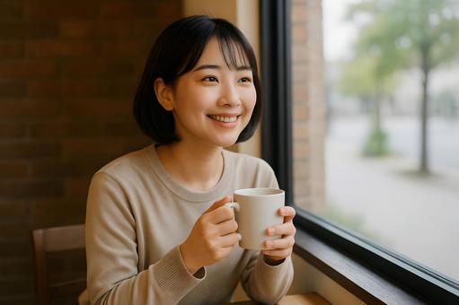 カフェで微笑む女性 カフェで微笑む女性の写真