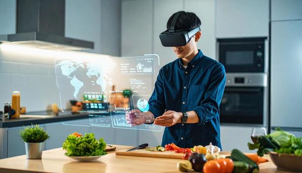ホログラムレシピを見ながら料理する男性 ホログラムレシピを見ながら料理する男性の写真