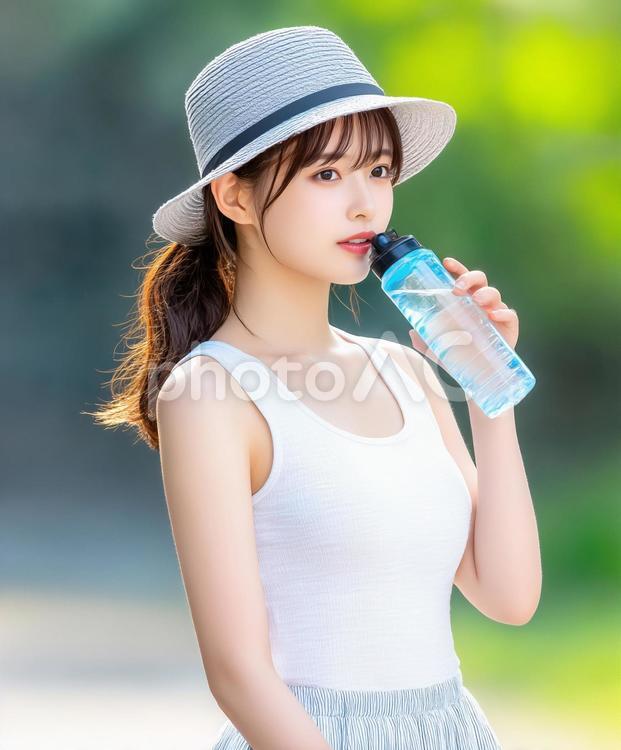 水分補給をする帽子を被った女性 夏,水分補給,女性の写真素材
