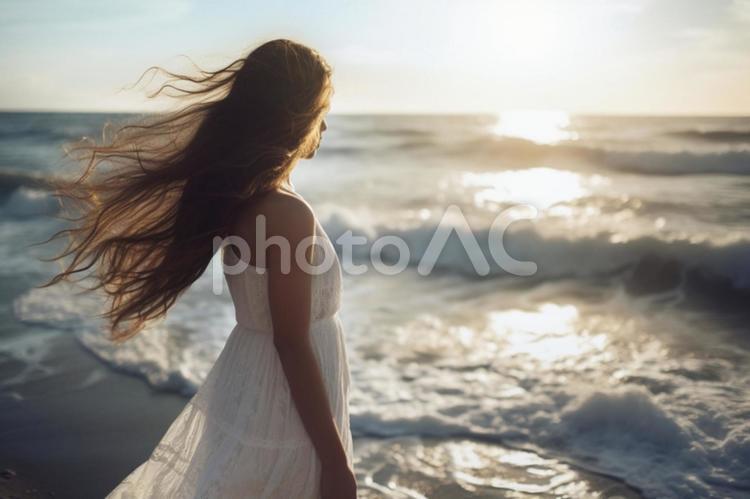 海を眺める女性 女性,自然,海の写真素材