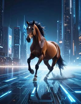午年フォト・未来都市を駆ける馬の写真