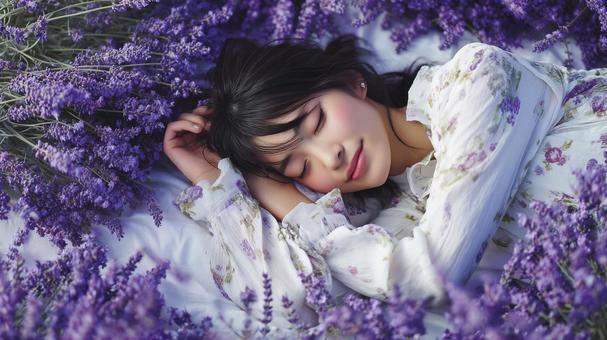 ラベンダーの香りに包まれて眠るイメージの写真