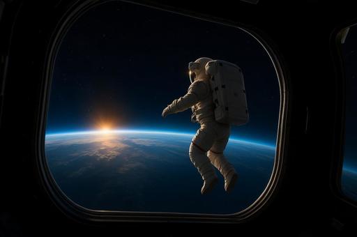 宇宙を漂う宇宙飛行士の写真