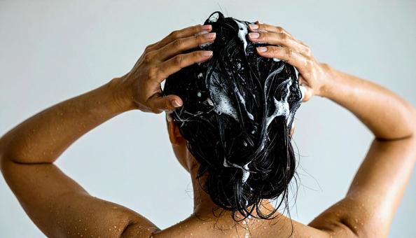 シャンプーで頭皮を洗う女性 シャンプーで頭皮を洗う女性の写真