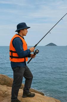 磯釣りをしている男性 磯釣りをしている男性の写真