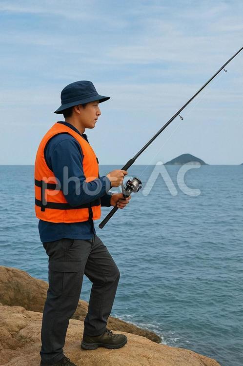 磯釣りをしている男性 釣り,魚釣り,海辺の写真素材