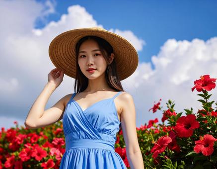 ハイビスカスと、真夏の彼女の写真