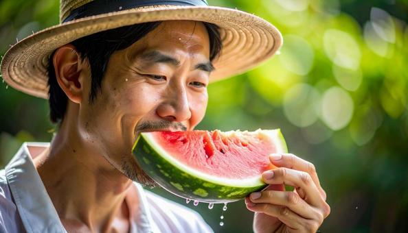 スイカをかじる男性の写真