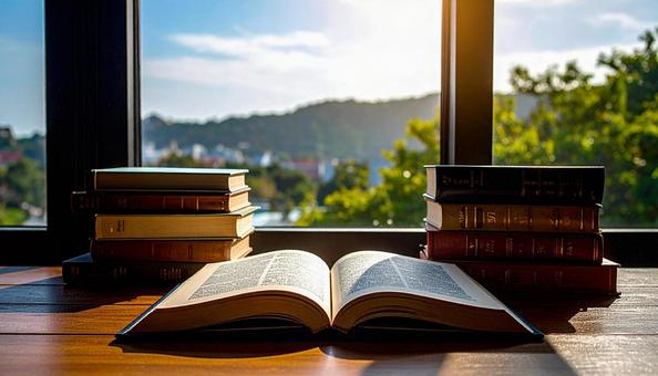 読書イメージ　見開きと積み重なる本の写真