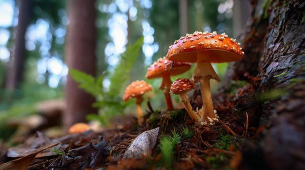 光に照らされ輝くオレンジ色の茸の写真