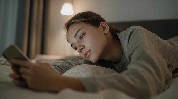 静かな夜にベッドでSNSを楽しむ女性 静かな夜にベッドでSNSを楽しむ女性の写真