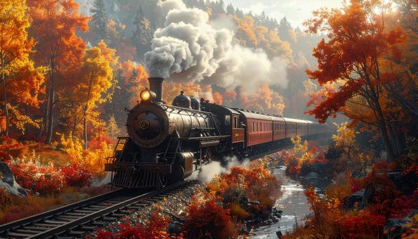 秋の紅葉とスチームパンクな列車の写真