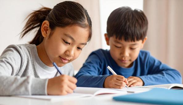 学校の教室で勉強している小学生2人 の写真