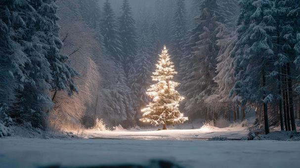 森の中のクリスマスツリー 森の中のクリスマスツリーの写真