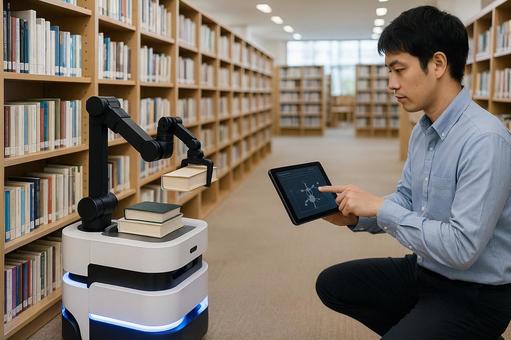 Book sorting robot in operation Book management, library, sorting robot, bookshelf, JPG