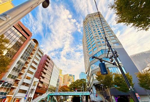 明治通りと渋谷のビル群と青空 青空,空,スカイラインの写真素材