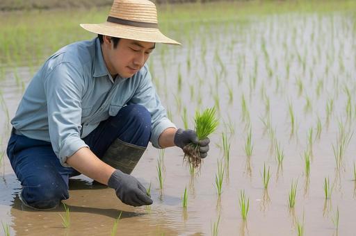 農家の男性が田植えをする風景・農業・稲作 農家の男性が田植えをする風景・農業・稲作の写真