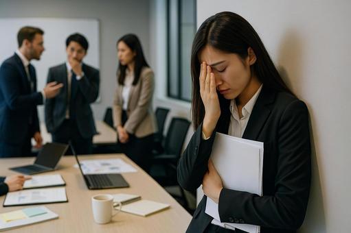 会議室の隅で落ち込む女性 会議室の隅で落ち込む女性の写真