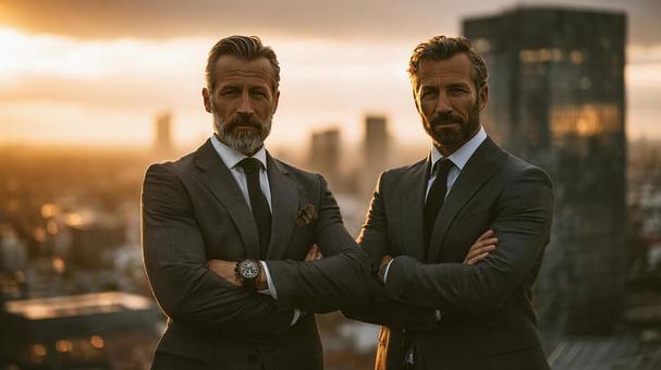 屋上で語る二人のビジネスマンの写真