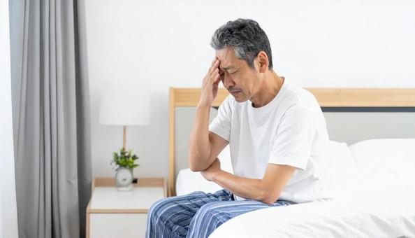 寝起きで座って頭を抱えるパジャマ姿の男性の写真