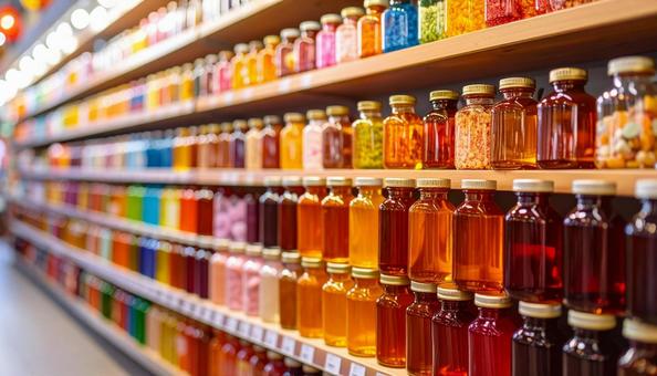 カラフルな瓶詰めキャンディー売り場 カラフルな瓶詰めキャンディー売り場の写真