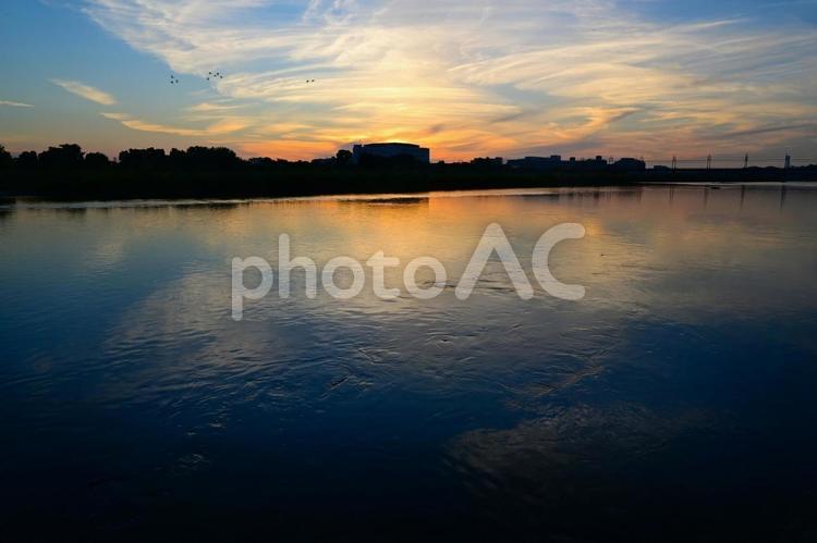 多摩川河川敷から観た日の出３ 日の出,太陽,朝陽の写真素材