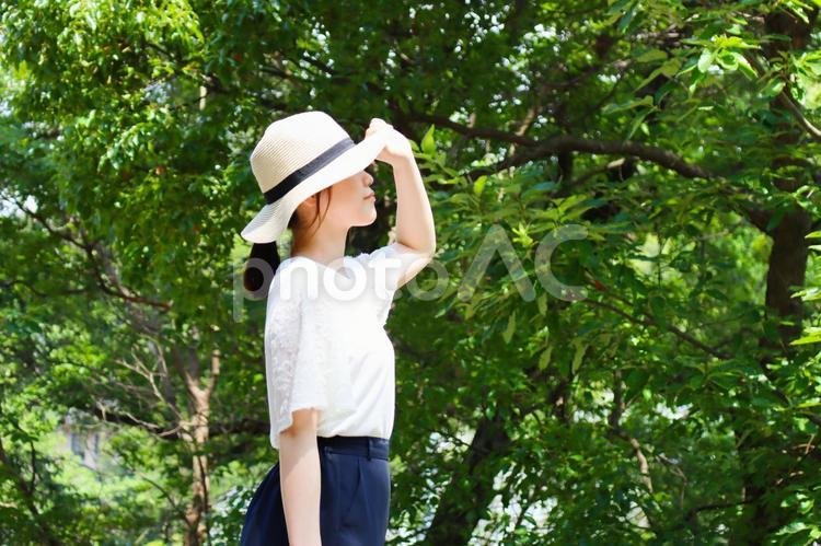 空を見上げる帽子をかぶった女性3 女性,若い,20代の写真素材