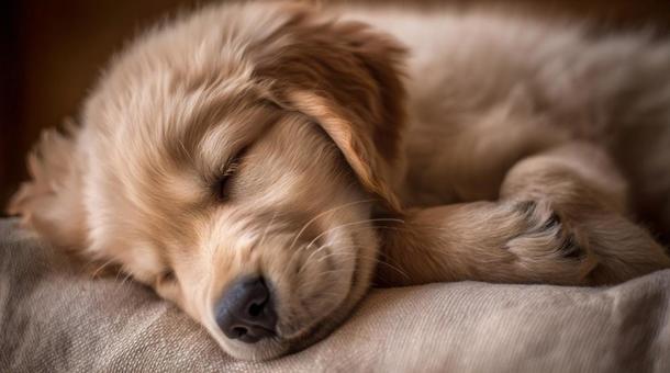 眠っているゴールデンレトリバーの子犬 眠っているゴールデンレトリバーの子犬の写真