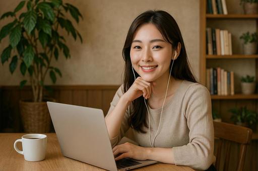 部屋でリモートワークする女性 部屋でリモートワークする女性の写真