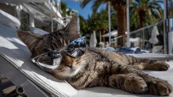 日差しの中で優雅にリラックスする猫 日差しの中で優雅にリラックスする猫の写真