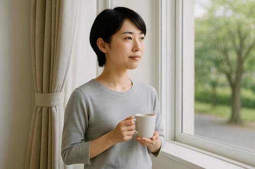 窓辺の女性の写真