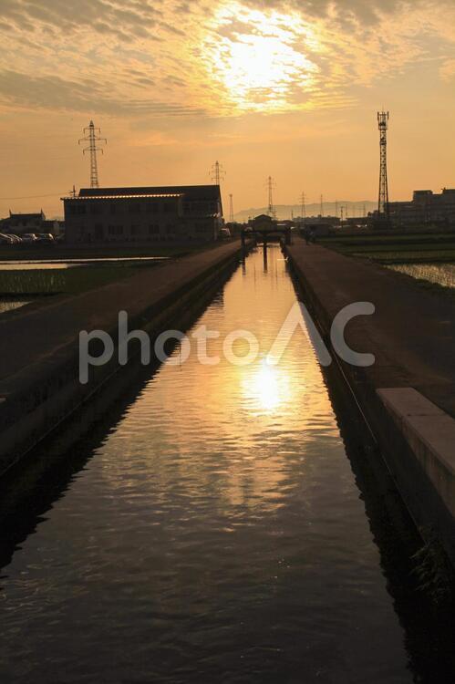 夕暮れの街並み 夕暮れ,夕日,小川の写真素材