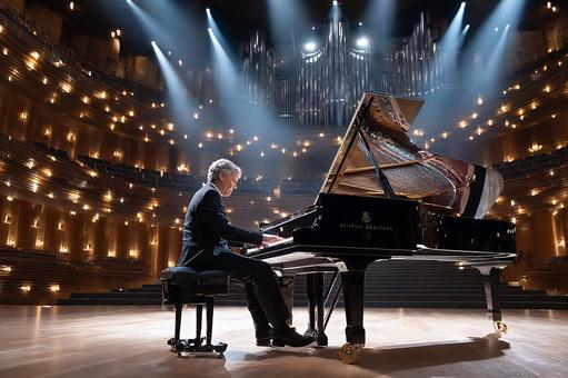 壮大なコンサートホールのソロ演奏の写真