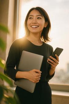 スマホとPCを持つ笑顔の女性 スマホとPCを持つ笑顔の女性の写真