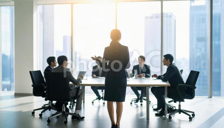 会議で発言をする女性社員の後ろ姿 会議,女性,発言の写真素材