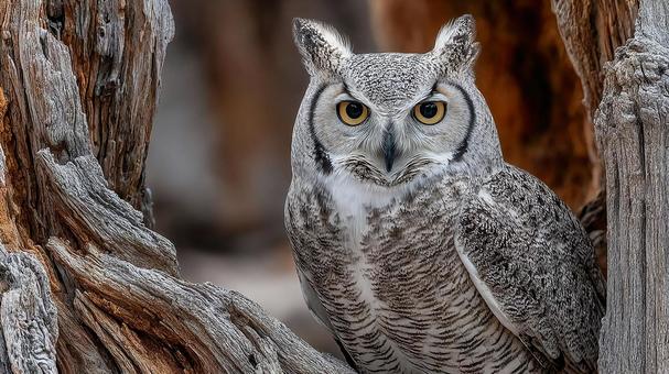The sharp gaze of an eagle owl perched on a dead tree, owl, earthworm, bird, JPG