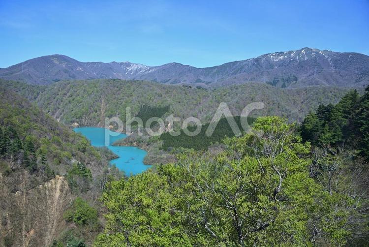 新潟湯沢風景～二居湖と残雪の山々～ 二居調整池,ダム湖,二居湖の写真素材
