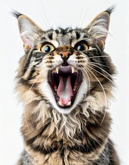 大きく口を開ける猫の写真