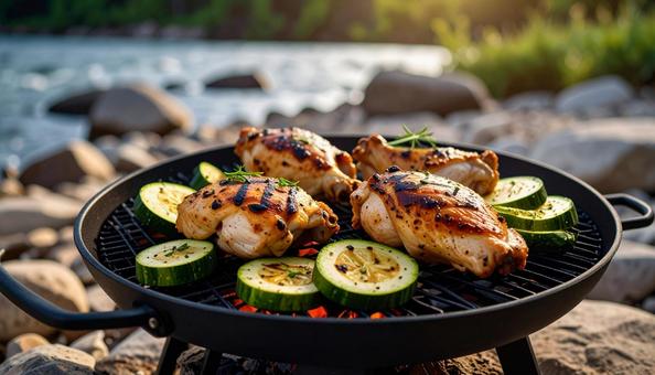 バーベキューで焼かれる鶏肉とズッキーニ バーベキューで焼かれる鶏肉とズッキーニの写真