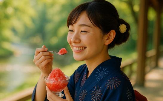 かき氷を食べる浴衣姿の女性（AI）の写真
