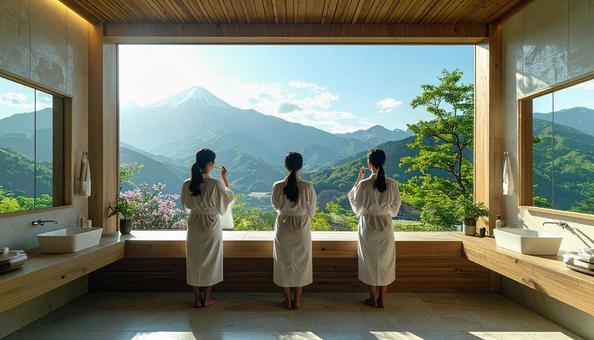 旅先のホテルで並んで歯を磨く女性たち 旅先のホテルで並んで歯を磨く女性たちの写真