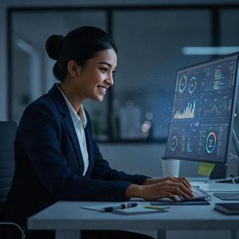 オフィスで働く笑顔のビジネスウーマン オフィスで働く笑顔のビジネスウーマンの写真