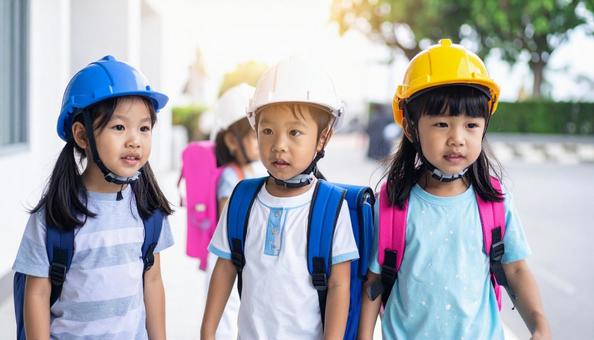 ヘルメットを被り避難訓練をする子供 ヘルメットを被り避難訓練をする子供の写真