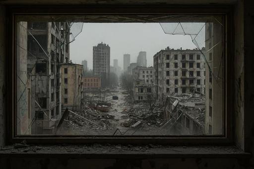 割れた窓から見る崩壊都市 割れた窓から見る崩壊都市の写真