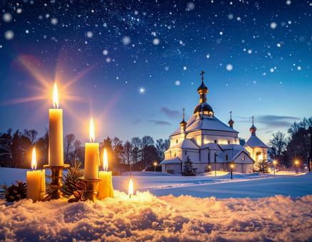 キャンドルと聖夜の教会を描いたクリスマス キャンドルと聖夜の教会を描いたクリスマスの写真