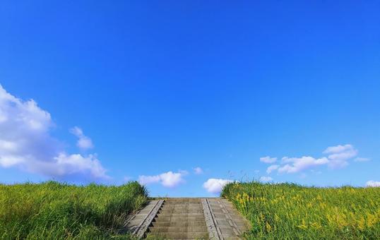 秋の河川堤防のり面と青空 堤防,のり面,青空の写真素材