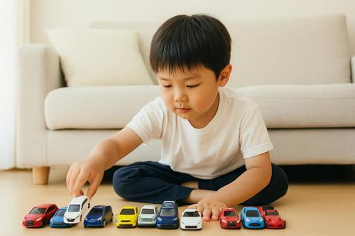 車のおもちゃで遊ぶ男の子 車のおもちゃで遊ぶ男の子の写真