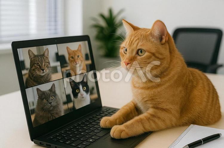 会議中の茶トラ猫 茶トラ,猫,会議の写真素材
